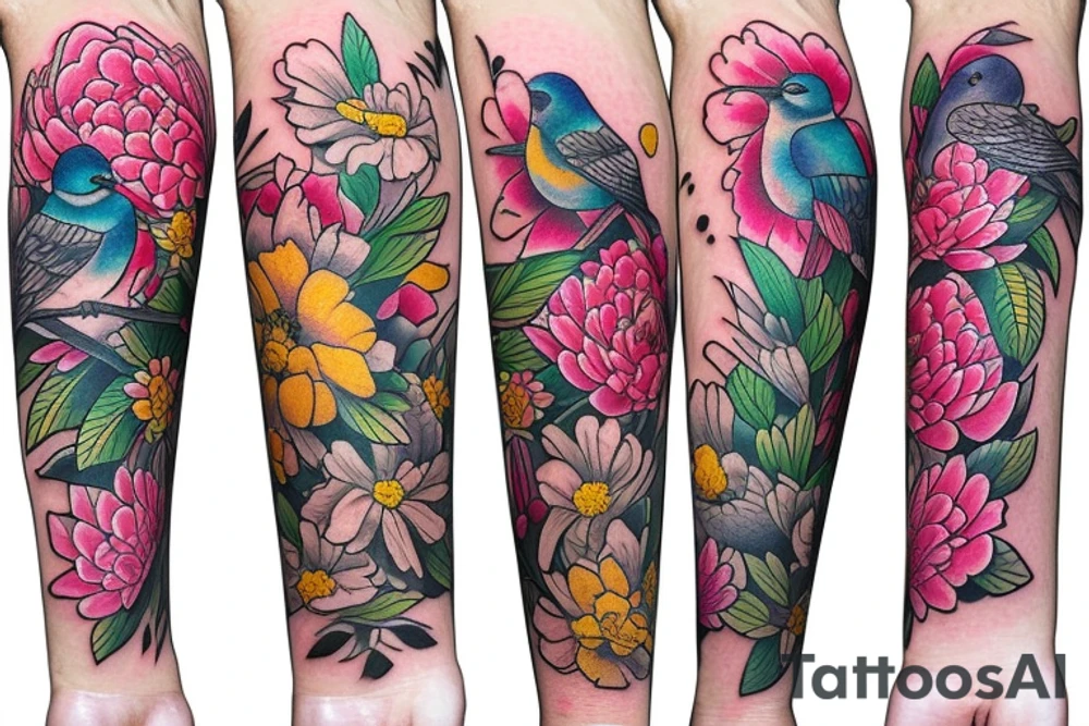 Peonies flowers and three colorful birds tattoo idea