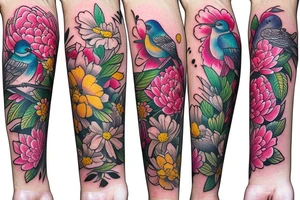 Peonies flowers and three colorful birds tattoo idea