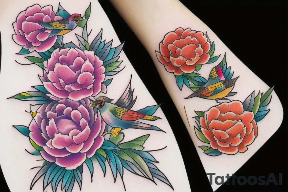 Peonies flowers and three colorful birds tattoo idea