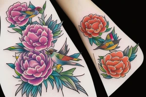 Peonies flowers and three colorful birds tattoo idea