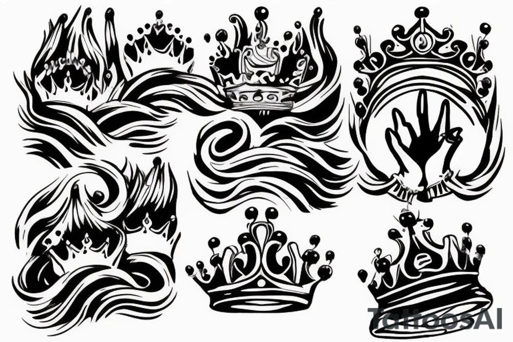 Hands praying, broken crown, waves tattoo idea