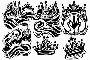 Hands praying, broken crown, waves tattoo idea