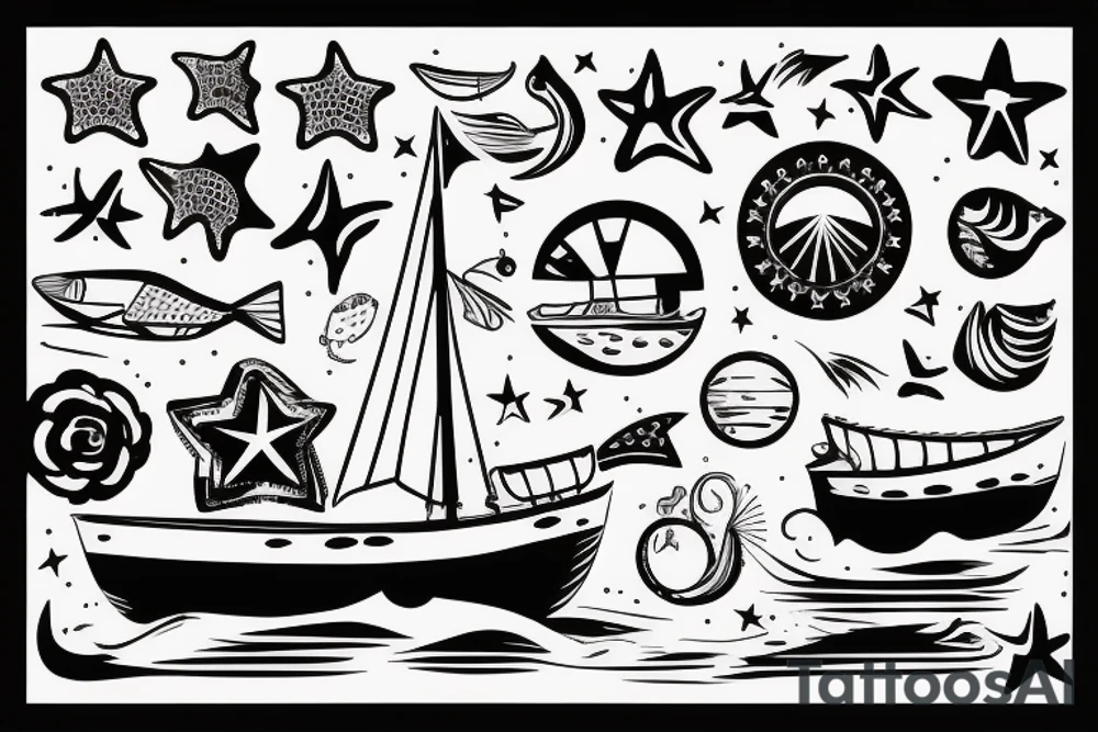 Boat at sea, with five stars in the background tattoo idea