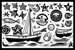 Boat at sea, with five stars in the background tattoo idea