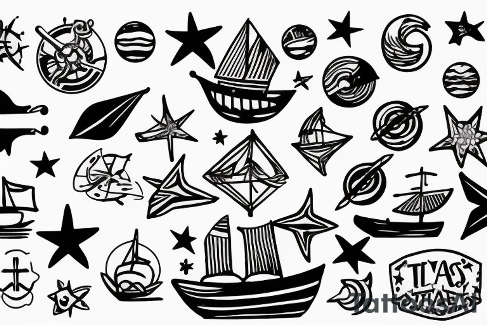 Boat at sea, with five stars in the background tattoo idea