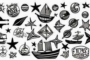 Boat at sea, with five stars in the background tattoo idea