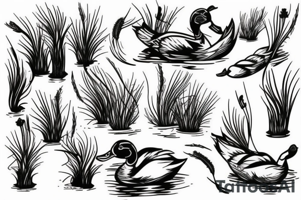 Cupped up duck landing in a pond with cat tails tattoo idea