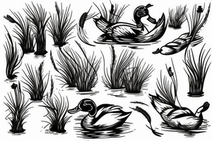 Cupped up duck landing in a pond with cat tails tattoo idea
