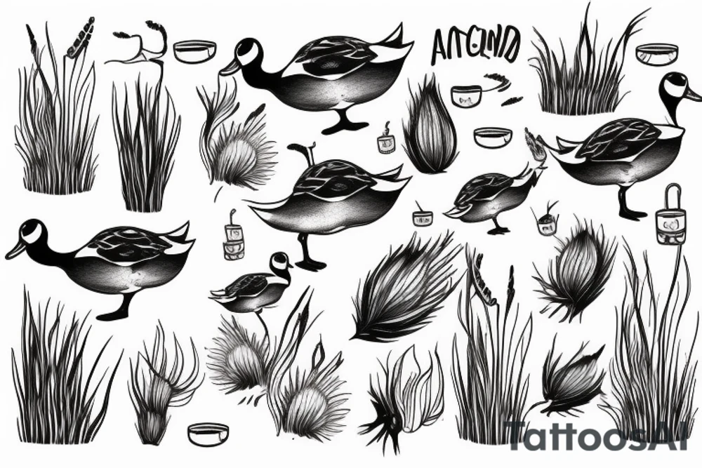 Cupped up duck landing in a pond with cat tails tattoo idea