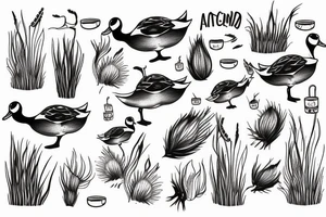 Cupped up duck landing in a pond with cat tails tattoo idea