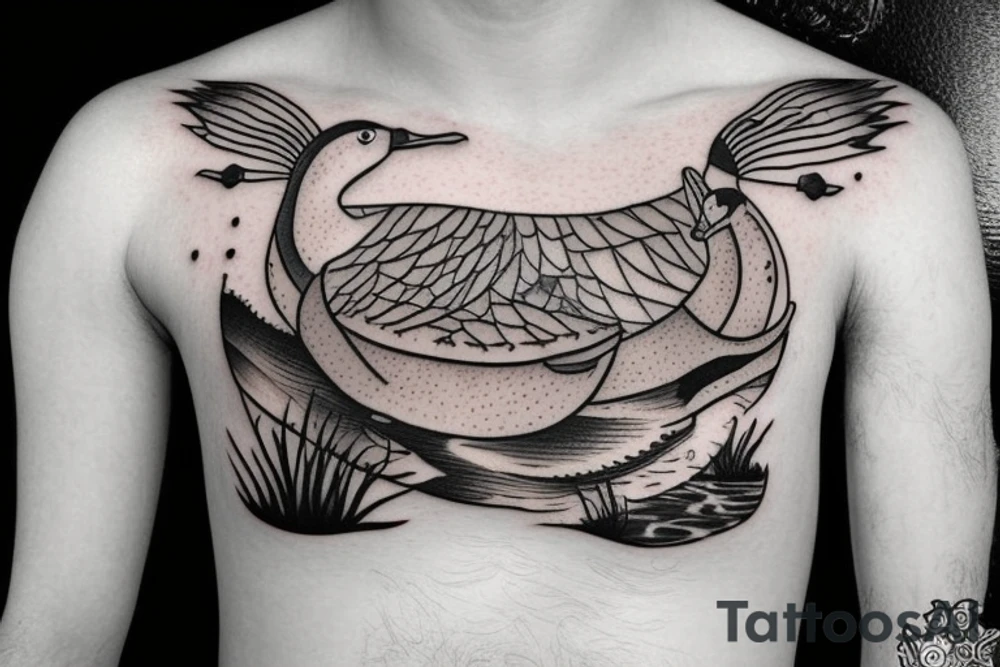Cupped up duck landing in a pond with cat tails tattoo idea Cupped up duck landing in a pond with cat tails tattoo idea