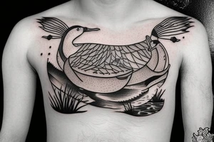 Cupped up duck landing in a pond with cat tails tattoo idea