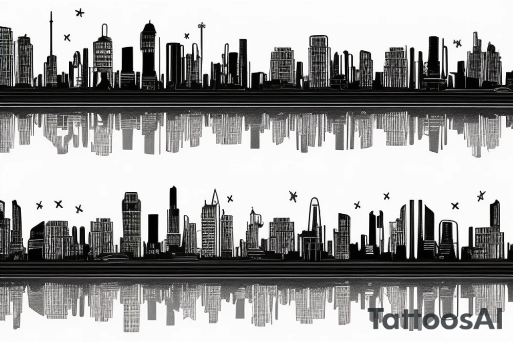 Train tracks under a night sky, surrounded by forest and with a city skyline in the background tattoo idea