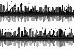 Train tracks under a night sky, surrounded by forest and with a city skyline in the background tattoo idea