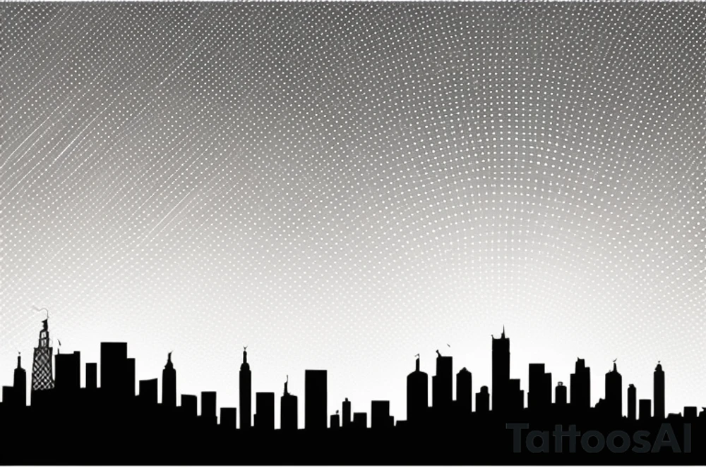 Train tracks under a night sky, surrounded by forest and with a city skyline in the background tattoo idea
