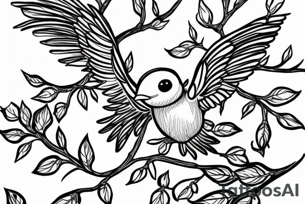 Baby bird getting ready to fly for the first time of a tree tattoo idea