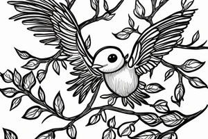Baby bird getting ready to fly for the first time of a tree tattoo idea