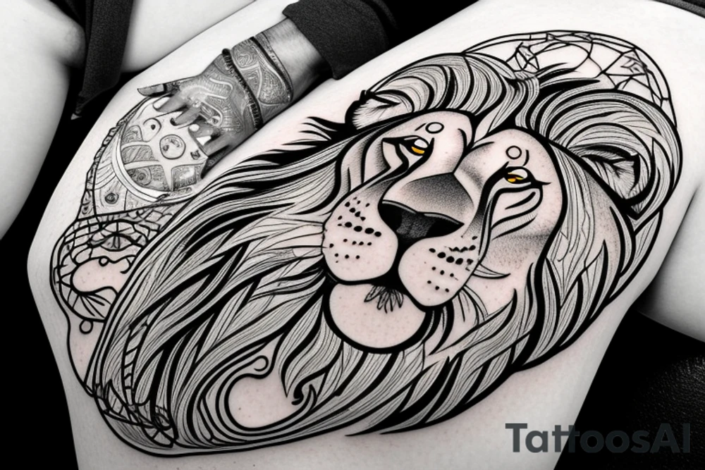A tattoo of a lion with his paw on a crystal ball, symbolizing his search for clarity and direction in his dreams. tattoo idea