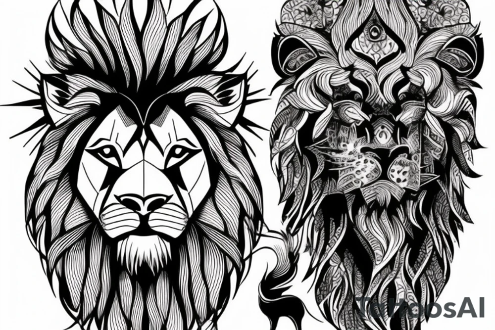 A tattoo of a lion standing atop a mountain, gazing off into the distance as he follows the path towards his dreams. tattoo idea