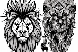 A tattoo of a lion standing atop a mountain, gazing off into the distance as he follows the path towards his dreams. tattoo idea