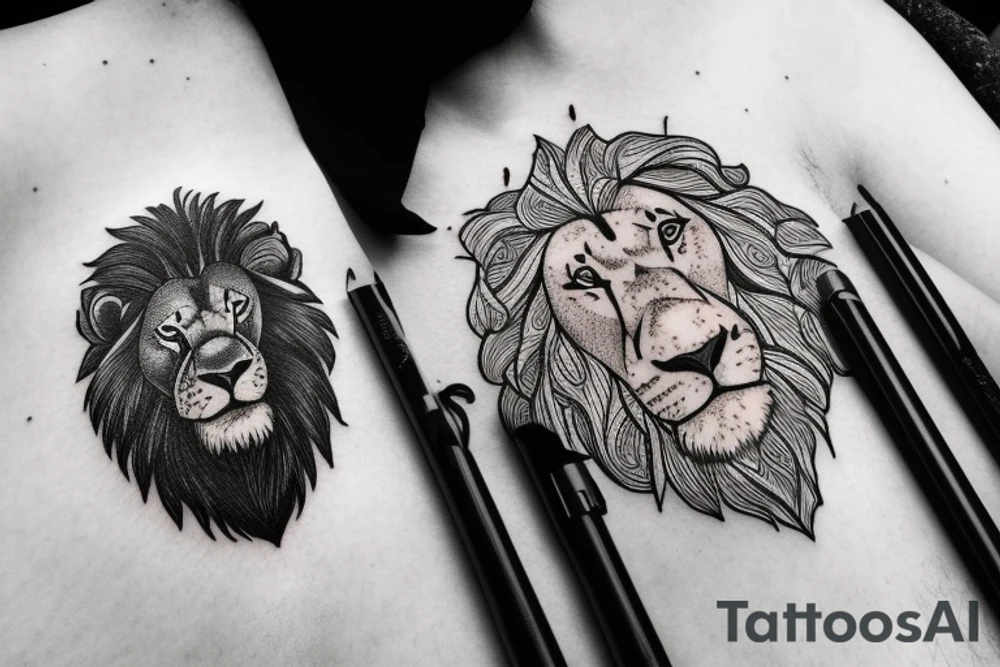 A tattoo of a lion standing atop a mountain, gazing off into the distance as he follows the path towards his dreams. tattoo idea