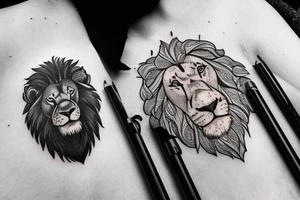 A tattoo of a lion standing atop a mountain, gazing off into the distance as he follows the path towards his dreams. tattoo idea