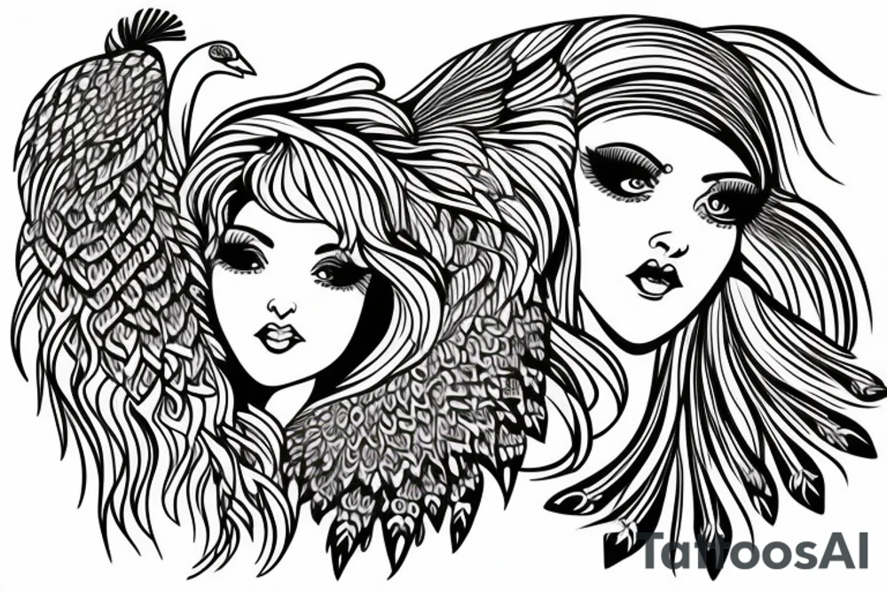 Angelic Aries lady face with peacock feathers in the back tattoo idea