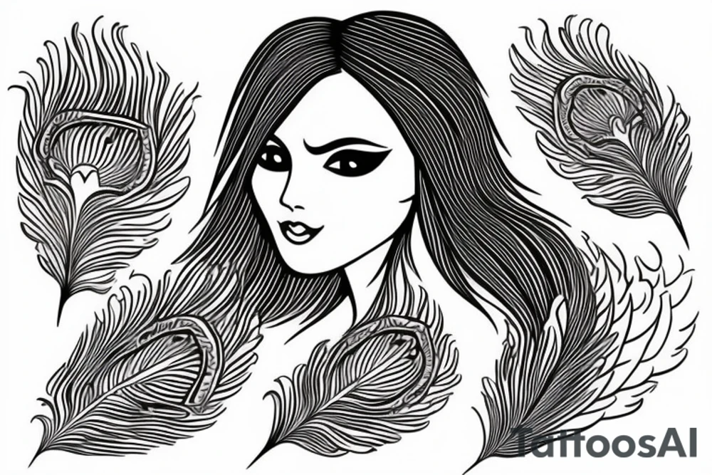 Angelic Aries lady face with peacock feathers in the back tattoo idea