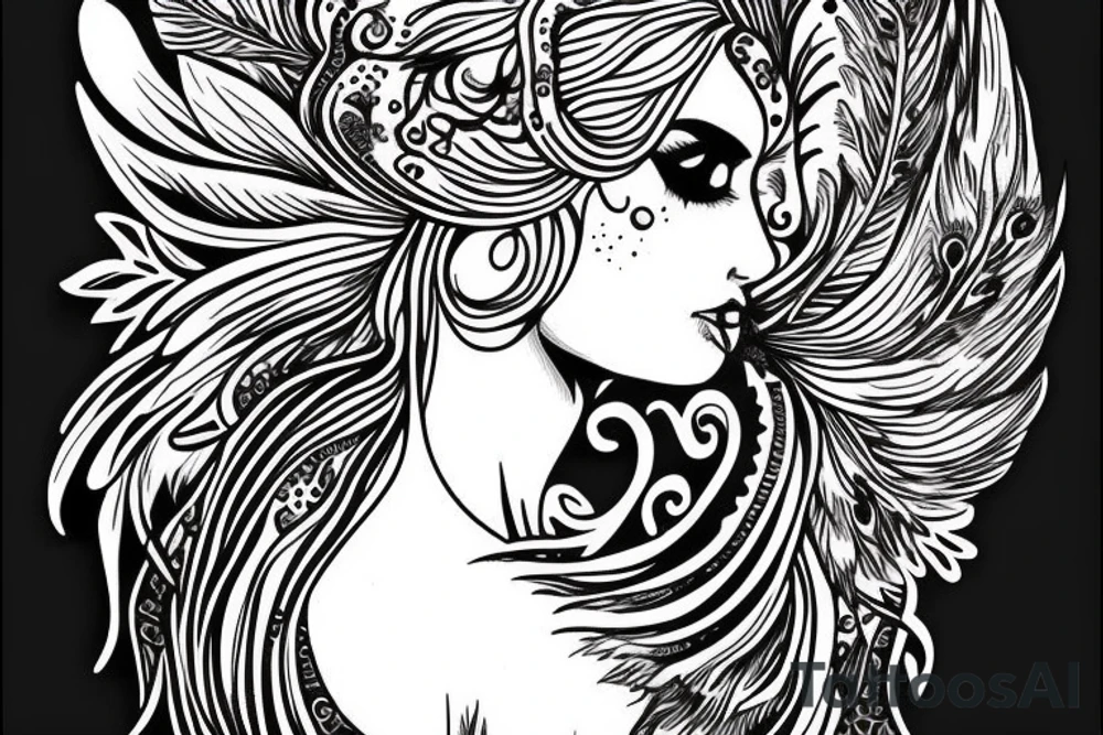 Angelic Aries lady face with peacock feathers in the back tattoo idea