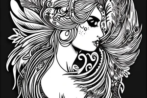 Angelic Aries lady face with peacock feathers in the back tattoo idea