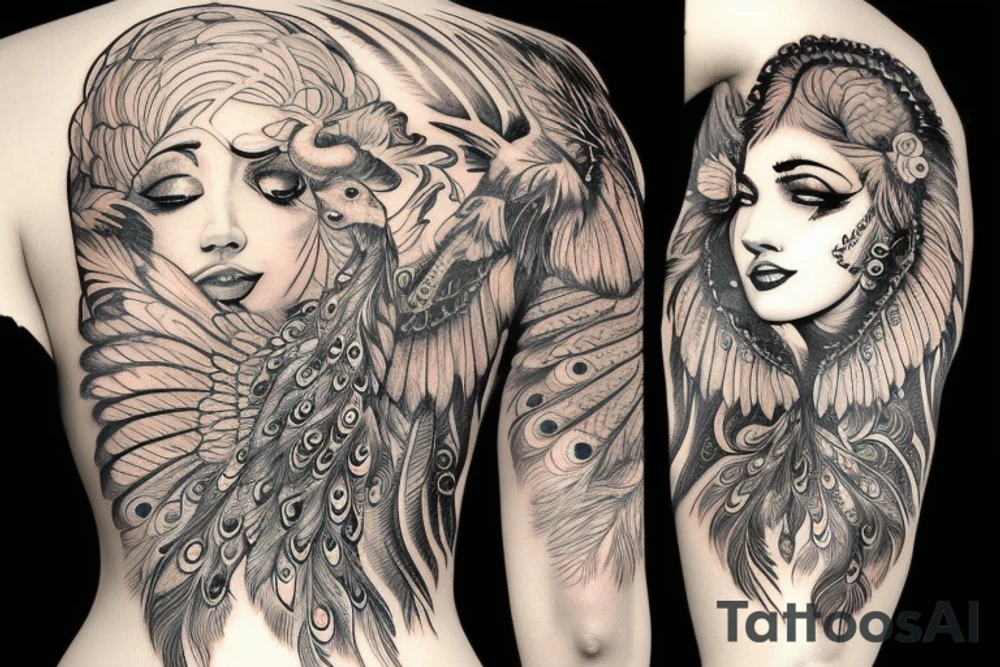 Angelic Aries lady face with peacock feathers in the back tattoo idea