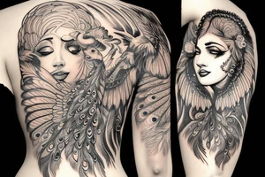 Angelic Aries lady face with peacock feathers in the back tattoo idea