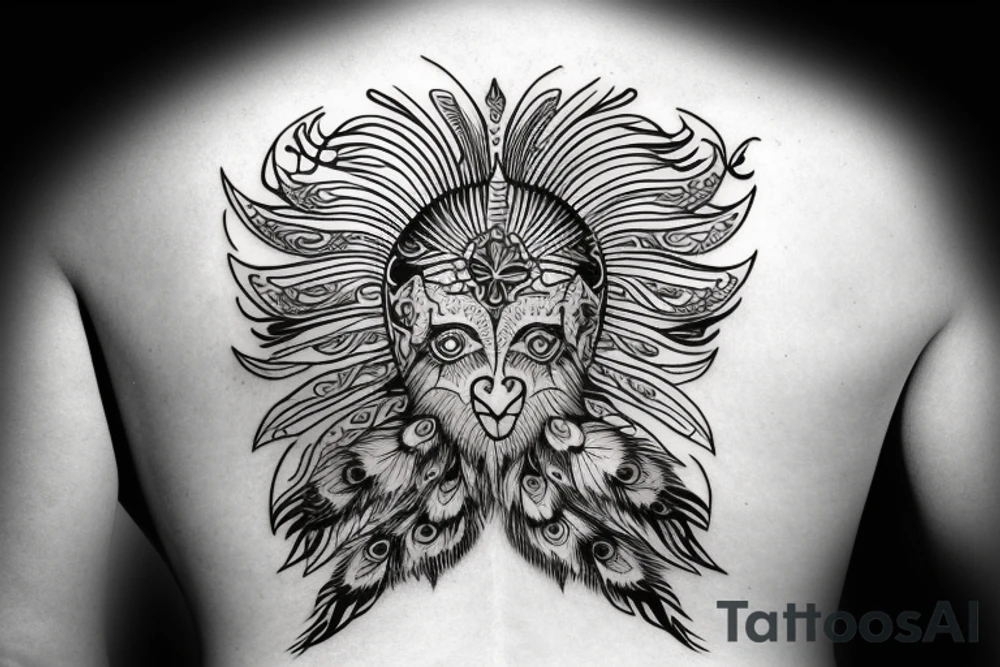 Zodiac Aries head with peacock feathers in the back tattoo idea Zodiac Aries head with peacock feathers in the back tattoo idea