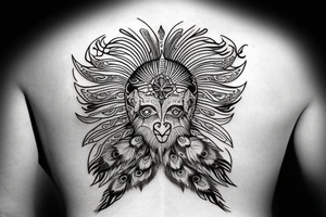 Zodiac Aries head with peacock feathers in the back tattoo idea