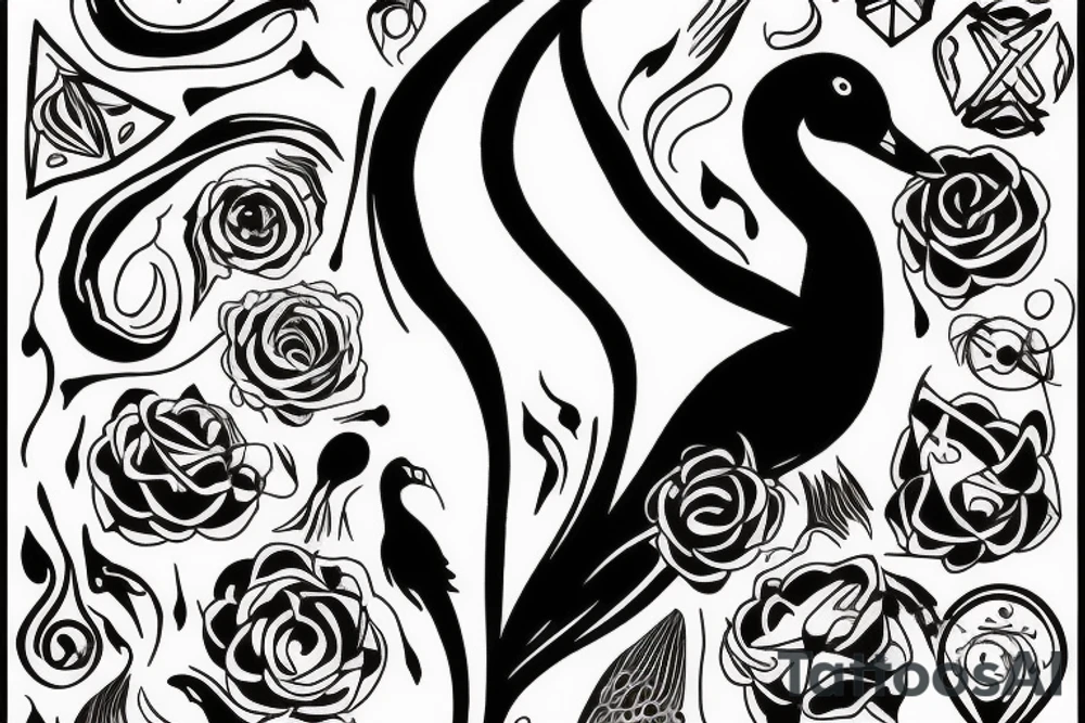 A black swan inside a symbol of chaos, simple symbolic. tattoo idea