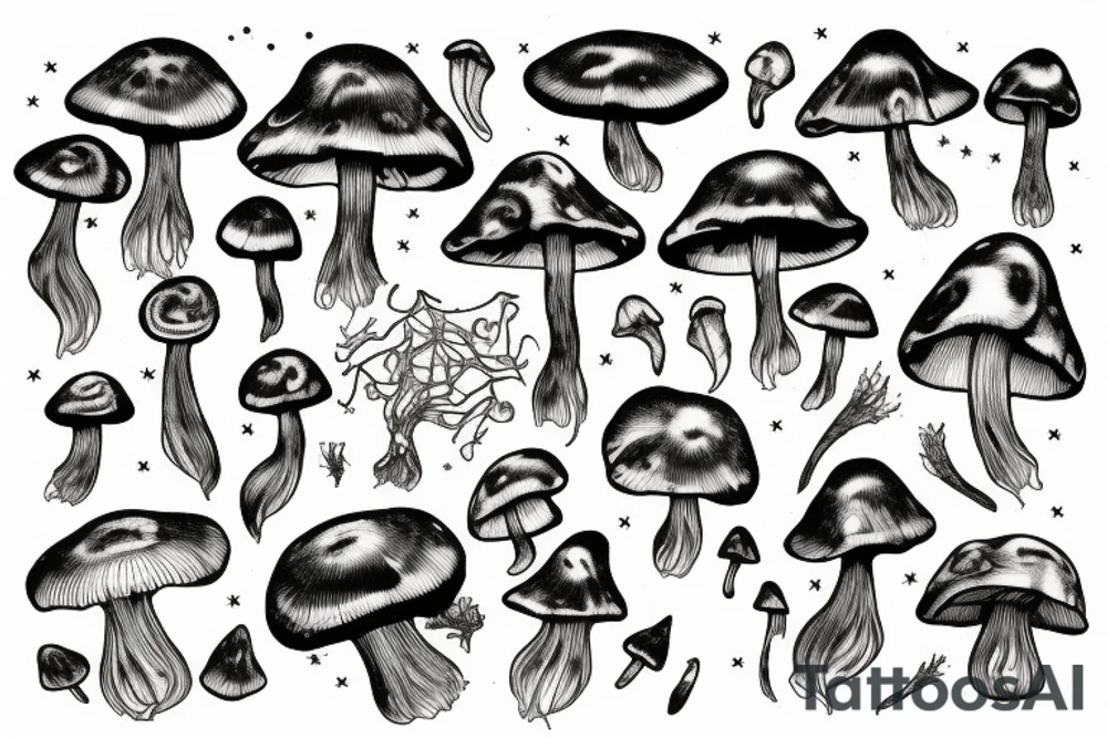Mycelium, mushrooms, neurons, Aurora tattoo idea