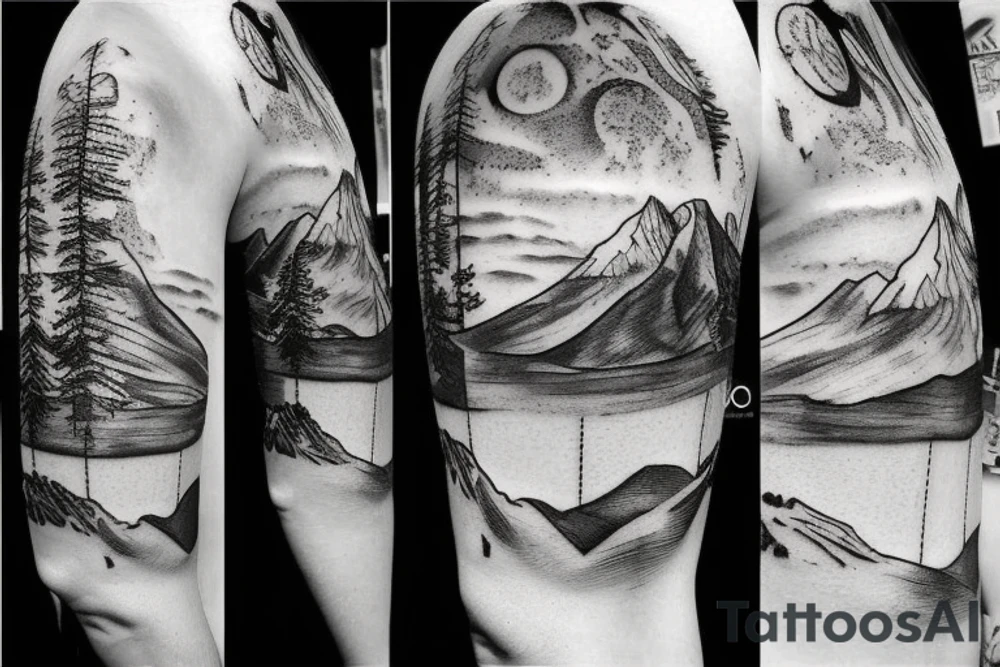 A leonardo da Vinci inspired tattoo focusing on mountains and nature tattoo idea