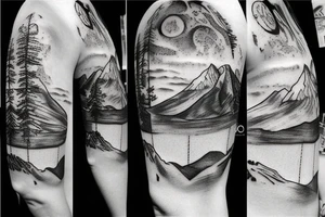 A leonardo da Vinci inspired tattoo focusing on mountains and nature tattoo idea