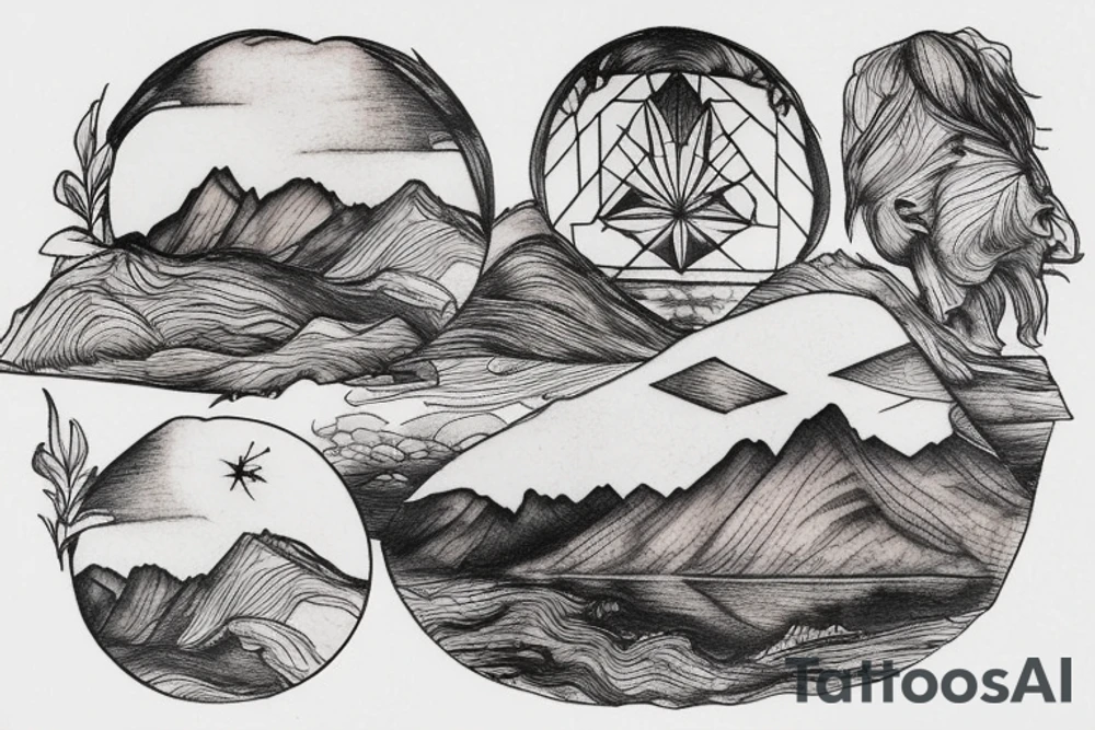 A leonardo da Vinci inspired tattoo focusing on mountains and nature tattoo idea