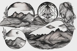 A leonardo da Vinci inspired tattoo focusing on mountains and nature tattoo idea