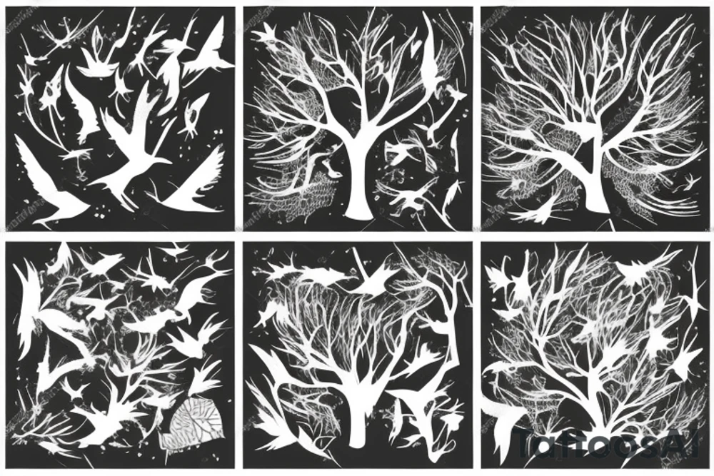 A tree with leaves turning into flying birds tattoo idea