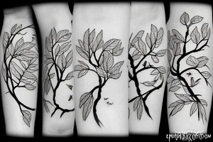 A tree with leaves turning into flying birds tattoo idea
