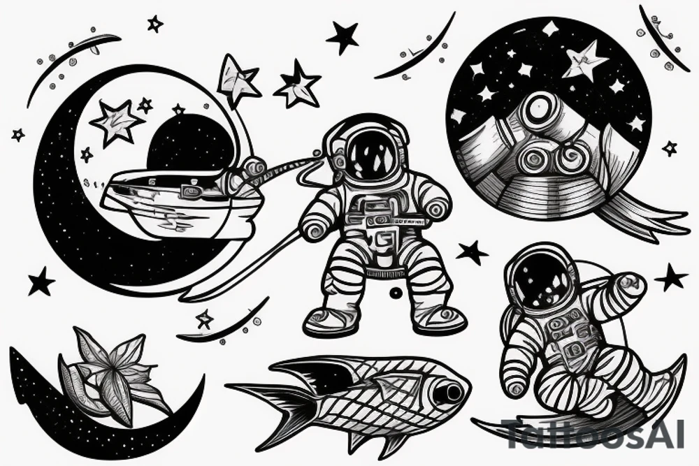 an astronaut sitting on half moon fishing stars tattoo idea