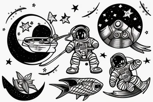 an astronaut sitting on half moon fishing stars tattoo idea