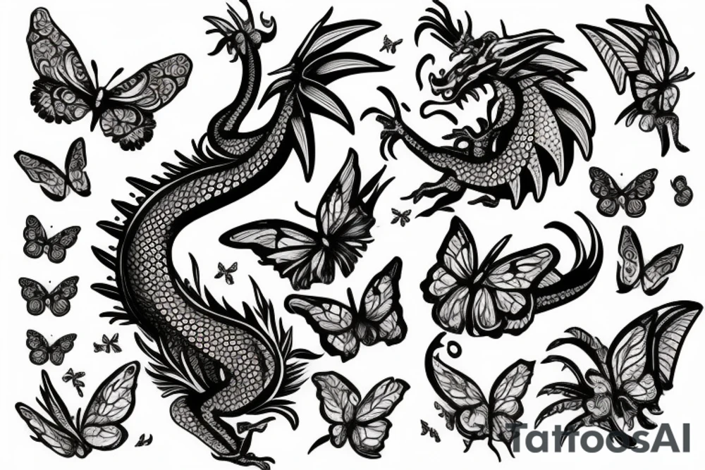 Dragon with butterflies and flowers tattoo idea