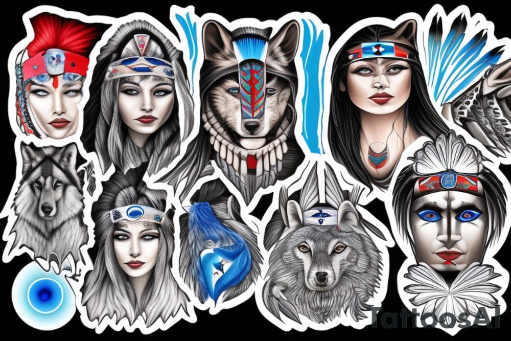 Native American princess and a wolf and modern day soldier all with blue eyes tattoo idea