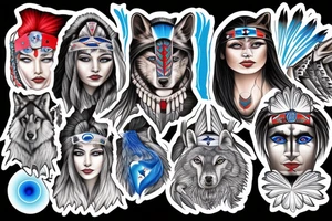 Native American princess and a wolf and modern day soldier all with blue eyes tattoo idea