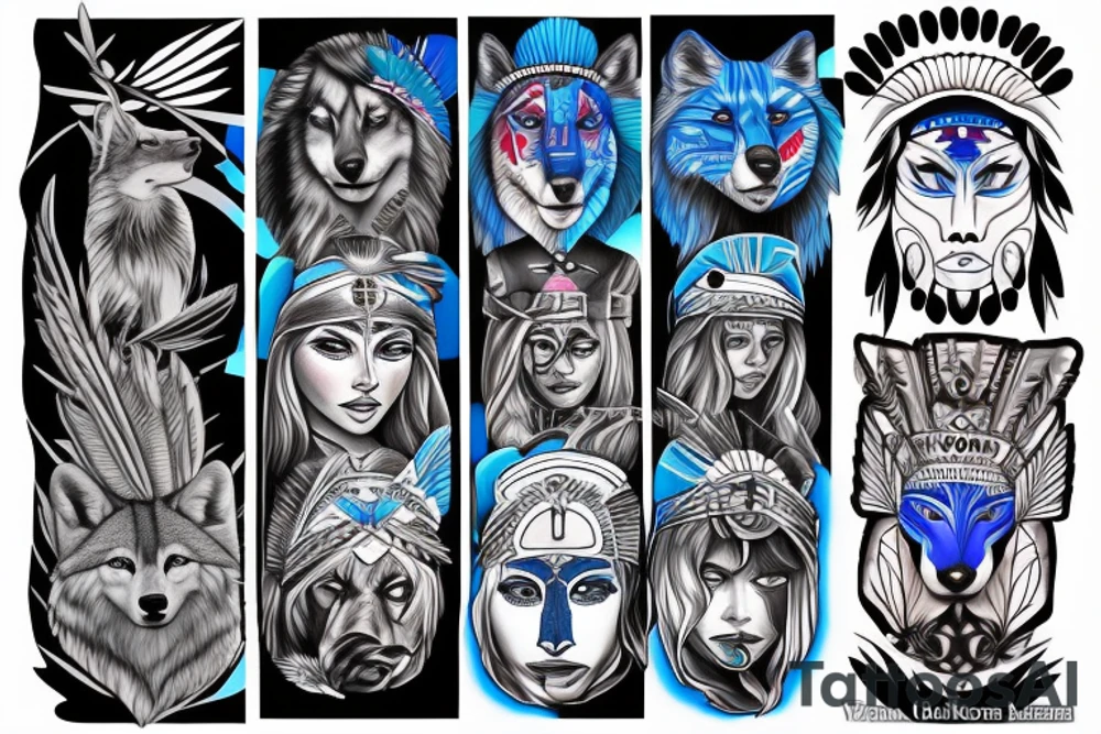 Native American princess and a wolf and modern day soldier all with blue eyes tattoo idea