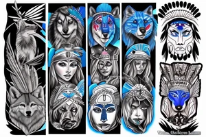 Native American princess and a wolf and modern day soldier all with blue eyes tattoo idea