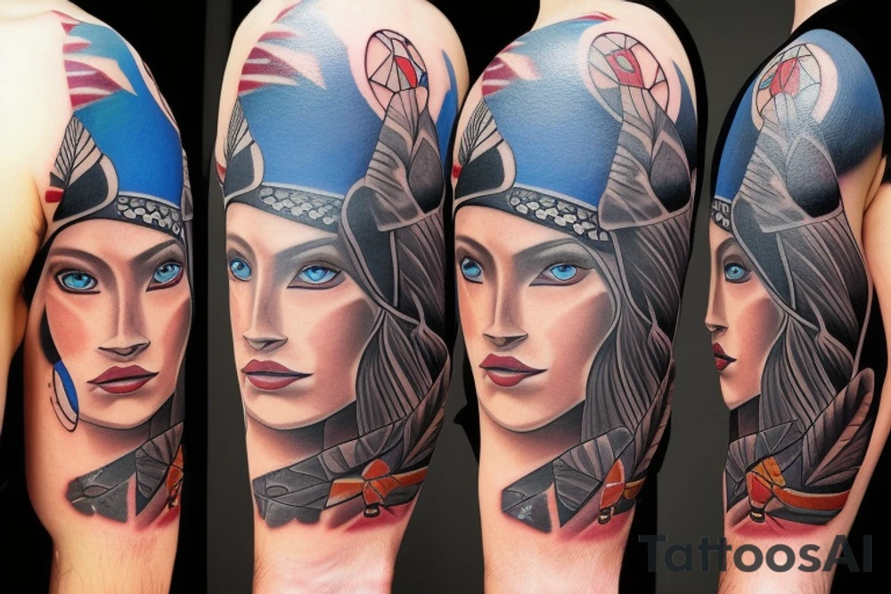 Native American princess and a wolf and modern day soldier all with blue eyes tattoo idea